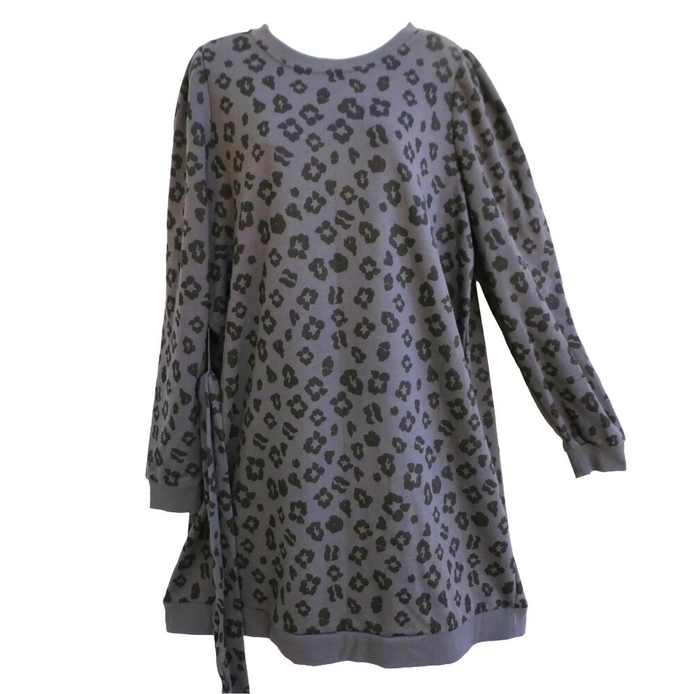 Eloquii PLUS Gray Animal Cheetah Sweatshirt Dress Tie Belt Puff Shoulder 18 20 - Picture 2 of 7